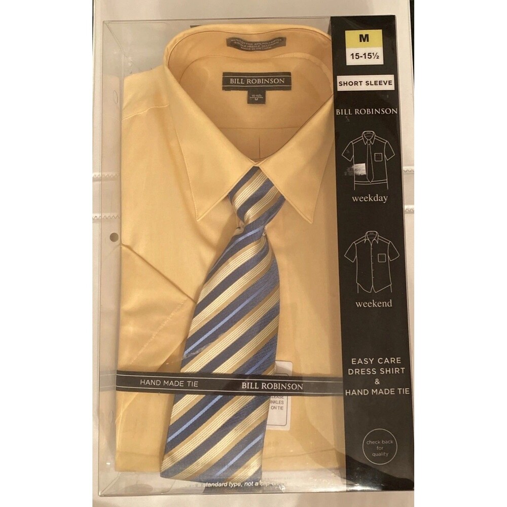 Men’s Short Sleeve Dress Shirt And Tie Boxed Set Medium 15/15.5 Yellow And Blue